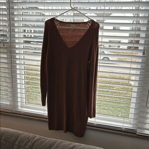 Brown V-Neck Long Sleeve Sheath Dress